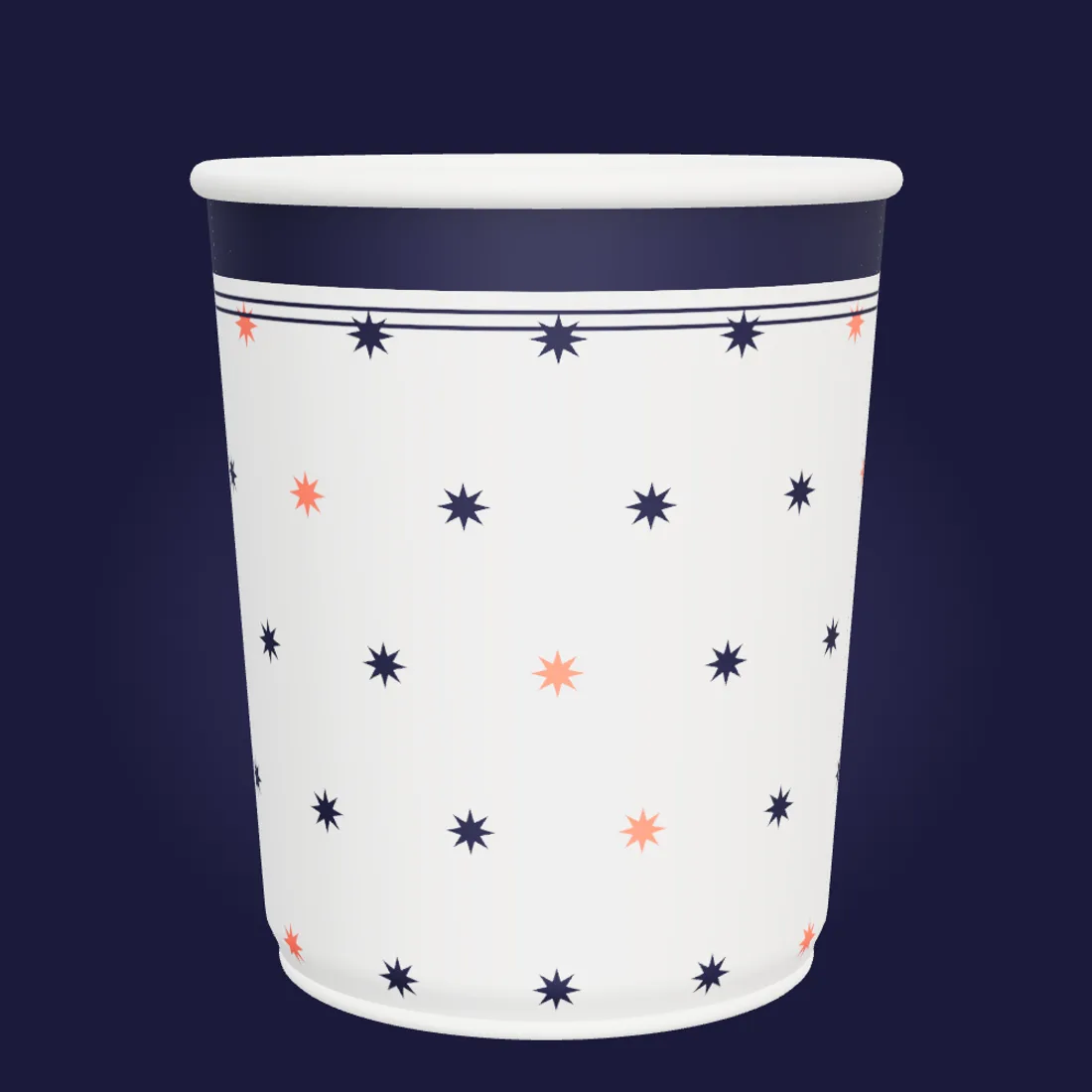 A printed 8 oz double wall paper cup: plain white liner, printed outer sleeve, rolled rim